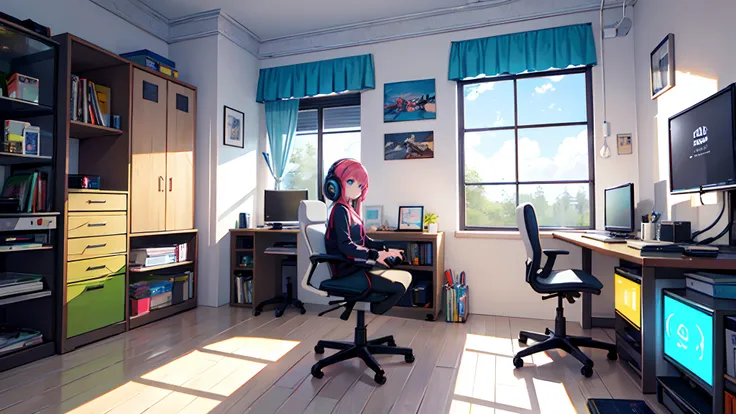 ((best quality)), ((masterpiece)), 1girl, bedroom, gaming room, gamer desktop, gaming chart, neon room