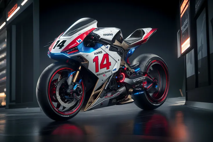 a close up of a motorcycle with a number 14 on the front, extreme render, daniel maidman octane rendering, sharp render, hyper real render, cycle render, hyper detailed 3d render, hyper detailed 3 d render, rendered in v-ray, cycles 3 d render, hyper reali...