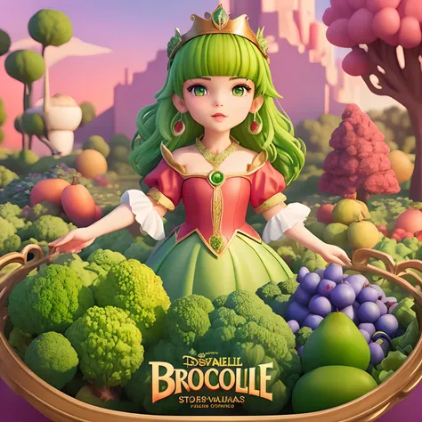 The poster for the movie "Brocoli story", animated film. Disney pixar poster movie. Main character is green hair princess with gold crown and green princess dress in the center of the poster. Pink hair fairy with pink wings. Bald evil King wearing red roya...