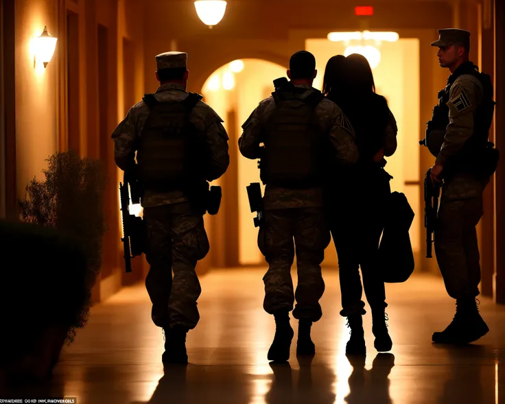 A woman dressed as a soldier with a gun to a pregnant mans head leads him down a hallway of a mansion in the United States