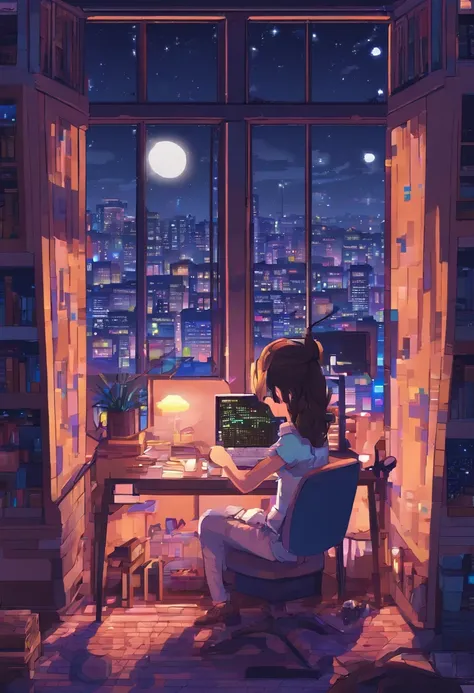 Beautiful teenage girl in her room in the city Waring Earpads Studding a Computer Book Infront Stars in Window at Night Hyper Realistic,8k,HD ultra detalhado,Estilo Pixar,High definition,16:9