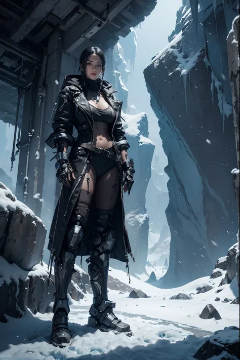 Cyberpunk, mechanical, broken, there is a picture of a very large iceberg, cyberpunk, mechanical, broken, with a lot of snow, dungeon background, icicle background, arena background, game background, dark dark cave background,a warrior standing still