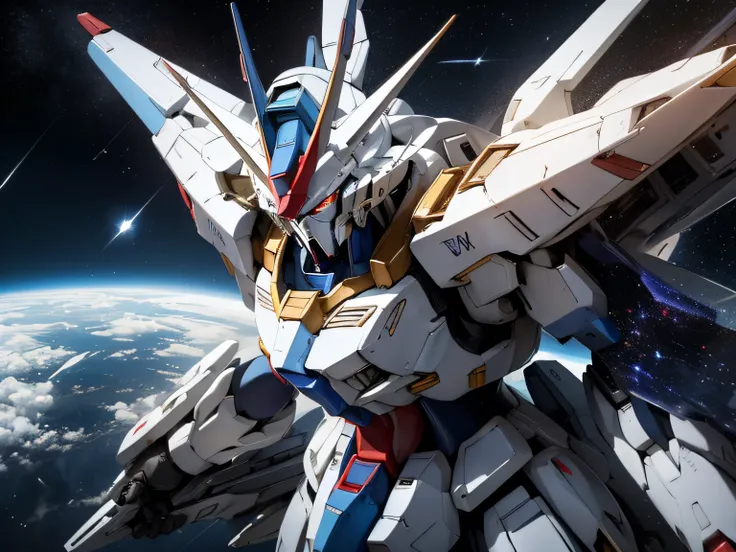 blueｚgundam、mobile suit gundam、flying in space、beautiful stars and earth background、