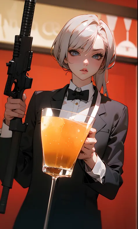 Realistic 3d Style anime and manga character 007 james bond drinking vodka martini in a club with bondgirl with a gun