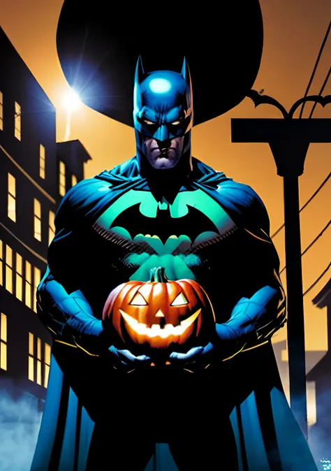 Halloween estilo DC Comics by Jim lee, Batman at Halloween party holding a pumpkin with illuminated Halloween face