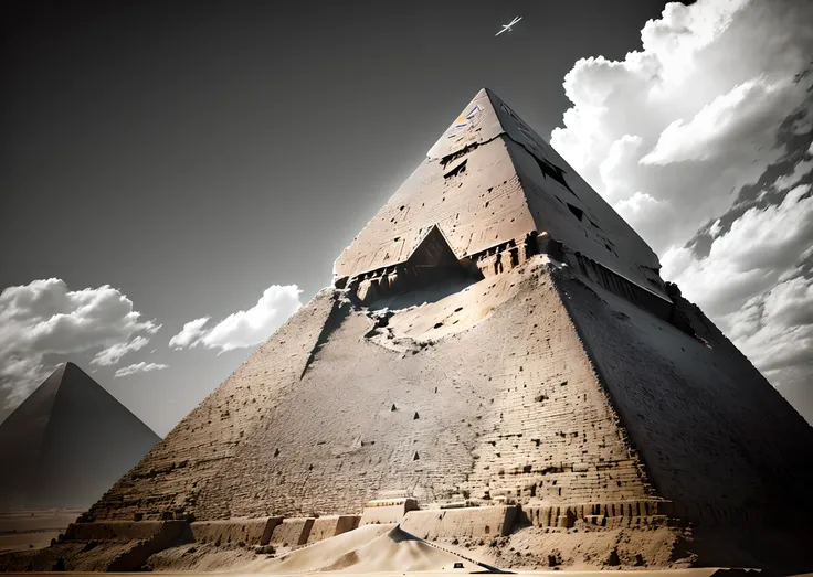 UFO flying over pyramid of Giza black and white tattoo