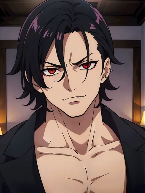 (masterpiece, best quality), intricate details, 8k, sharp focus, (best quality) (detailed skin:1.3) (intricate details) (8k) (detailed eyes) (anime) male character, wavy hair, mullet, short hair, black hair, red eyes, male, anime male, frontage, lovely boy...