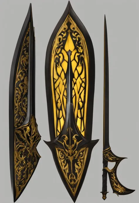 There is a pike with a yellow and black design on it, Bright yellow soul blade, pique incandescente, estilo de pike blade, raytraced blade, espada, pique brilhante, intricate fantasy spear, war blade weapon, medievil spear, Magic Pique, pique realista