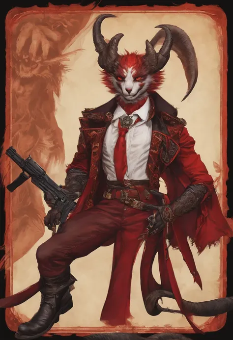 Red skinned  demon  three fingers prehensile tail gunslinger azazel stylish double pistols vest