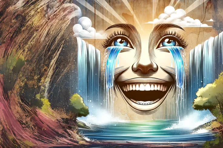 A digital art of a laughing face, eyes sparkling with joy, set against a backdrop of cascading waterfalls. Drawn with_ Adobe Illustrator, gradient