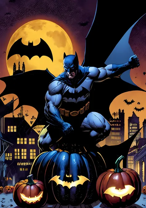 Halloween do Batman estilo DC Comics by Jim lee, Batman at Halloween party, With witches voando com suss vassouras no ceu escuro fa noite de Gotham and pumpkins on the ground