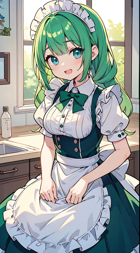 ((Pretty maid with green hair and blue eyes))、Loli face、((master piece、top-quality、ultra-definition、high resolution))、anime girl、((ultra-detailed illust:1.2))、only one person、bangs、hair between eye、beautiful hair、Beautiful eyes、Medium breasts、Big smile、ope...