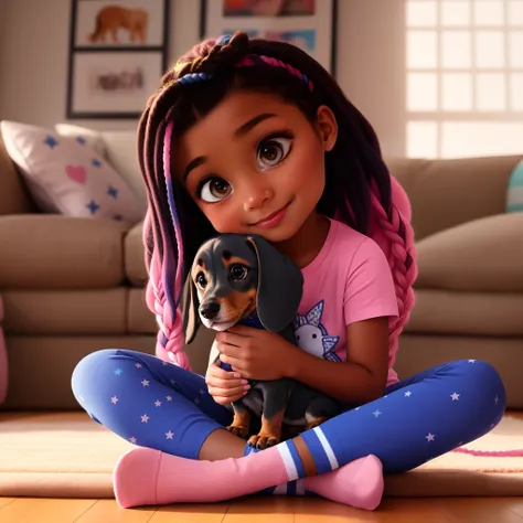 Generate a poster in the style of Pixar 3D animation, um momento terno entre uma menina e seu filhote.  A menina tem tom de pele marrom, It has long braids with pink tips and is sitting on the living room floor, Hugging the gray dachshund with black spots ...