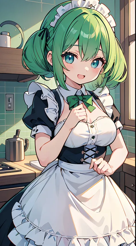 ((Pretty maid with green hair and blue eyes))、Loli face、((master piece、top-quality、ultra-definition、high resolution))、anime girl、((ultra-detailed illust:1.2))、only one person、bangs、hair between eye、beautiful hair、Beautiful eyes、Medium breasts、Big smile、ope...