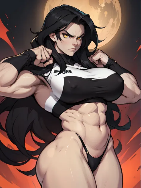 angry very long hair (bodybuilder) girl pale skin black hair yellow eyes huge breasts