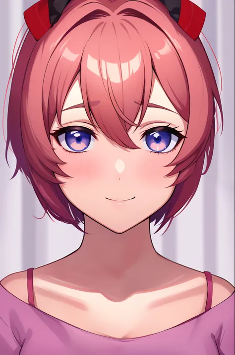 Uma girl, Sayori DDLC, master part, best quality, short hair, olhos azul , Corte do Bob, Close-up, Yandere, sorriso assustador, vestir, roupa de estudante, olho brilhante,