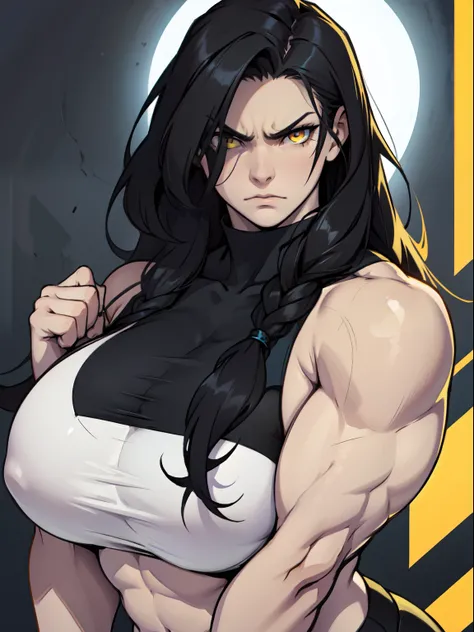 angry girl very long hair ((muscular)) pale skin black hair yellow eyes huge breasts