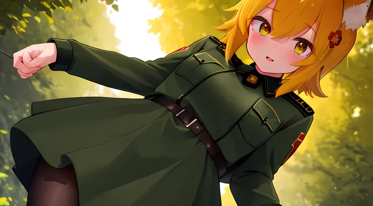 (Best Quality,4k,hight resolution,Masterpiece:1.2),Fox Girl,ear,Army uniform,Tactical Military Uniform,Green Army Uniform,On the Front Line,single girl,Bushes,the trees, Detailed girl, beatiful face, redhead hair, Beautiful Uniform, Very nice uniform, Ultr...