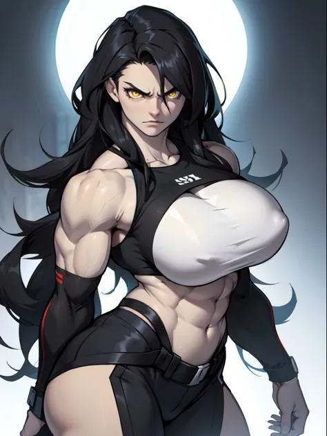 angry girl very long hair (((muscular))) pale skin black hair yellow eyes huge breasts