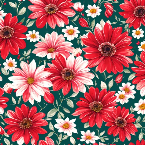 Close up of floral pattern with red and white flowers，Red and white flowers，Colorful flowers，Garden flower style，Floral style，Floral style，Flowers are painted on the background，florals！，Flower background，Seamless styling，Beautiful flowers，Floral splash pai...