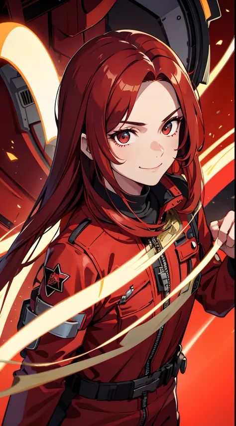 A male with red long hair, black eye with red star pupil, Wearing Red Pilot Helmet, Wearing Red vault jumpsuit, Fallout Vault Background, Happy Emotion mood, Smile, detailed eyes, detailed face, very detailed, High Detail.