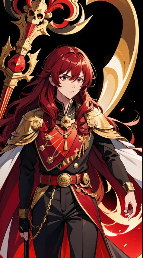 A male with red long hair, Weaing an Obsidian Skull, Walking with Ruby Knight, Wearing royal suit with golden space suit, Wearing Crimson Cape, Thailand Background with Dark Theme, Holding Legendary Wooden Axe, 80s anime Style, very detailed, High Detail.