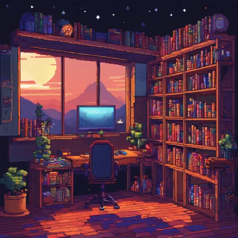 A beautiful gamer room with lots of décor, photos and books and an open window for a night view in a starry sky with no character in the room