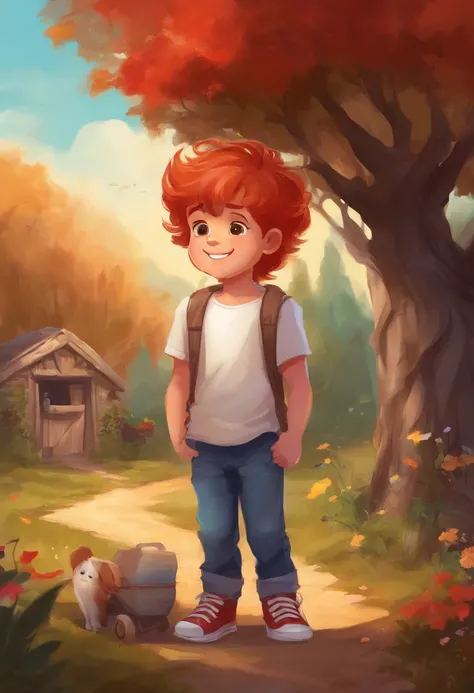 A seven year old boy with a shy smile, wearing jeans, white T-shirt, red converse, tennis shoes, and a brown belt. He has red hair that is messy. Standing with a wagon in the backyard near a tree