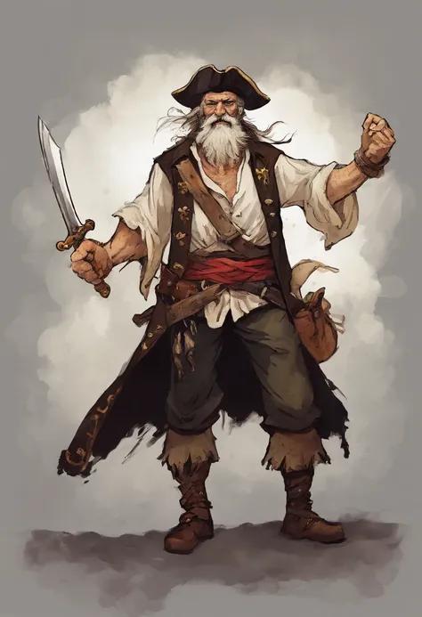 Old man with black beard and a scar on his face, pirate hat, pirate outfit, torn white shirt with open arms in his right hand, a sword and left hand, a pistol