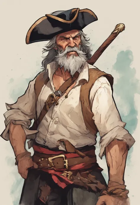 Old man with black beard and a scar on his face, pirate hat, pirate outfit, torn white shirt with open arms in his right hand, a sword and left hand, a pistol