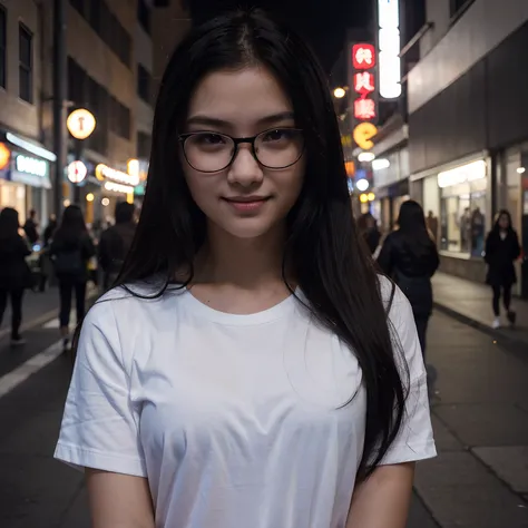 Very young female, half chinese, small slit-eyed, glasses, black hair, flawless white skin, long hair, photorealistic, best quality, hyper detailed, middle school student, beautiful woman, selfie photo, upper body, solo, wearing black clothes, smiling at c...