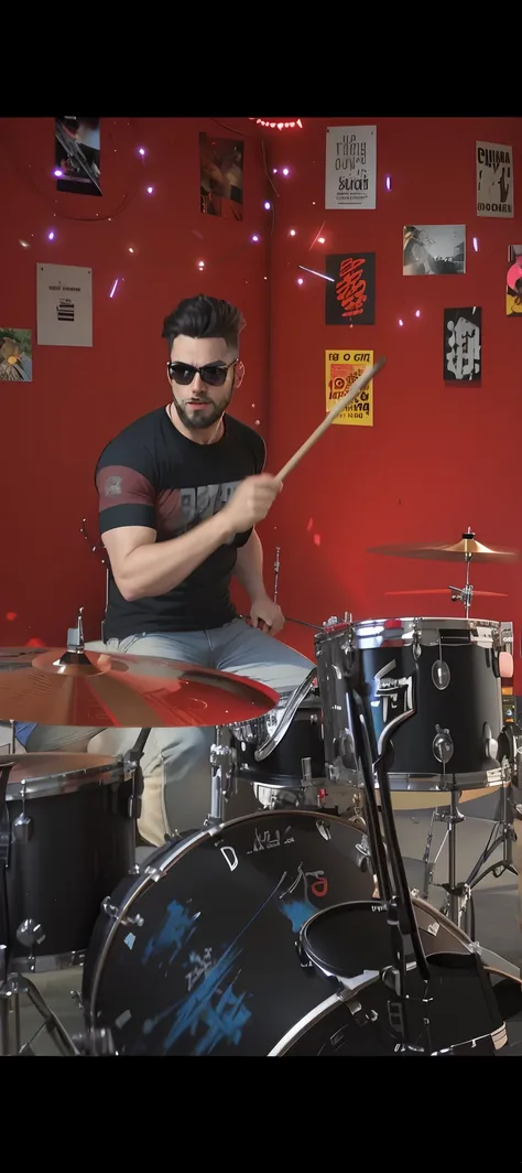 Drummer in black shirt and sunglasses playing drums in a red room, tocando bateria, baterista, still from a music video, Executando um videoclipe, bateria, cinematic action shot, videoclipe, hyperealistic octane render, photoreal octane rendering, cinemati...