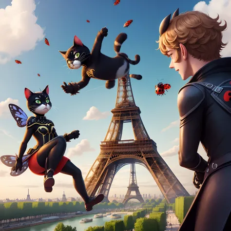 Ladybug and Chat noir flying through the Paris sky with the Eiffel Tower behind them