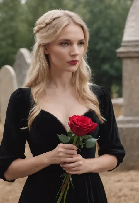 Blond woman in a long black dress, black vail over her face, holding a long stim rose in a grave yard