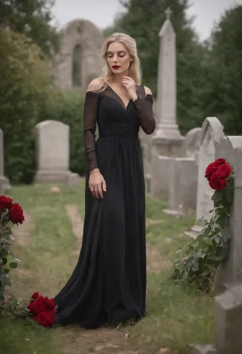 Blond woman in a long black dress, black vail over her face, holding a long stim rose in a grave yard