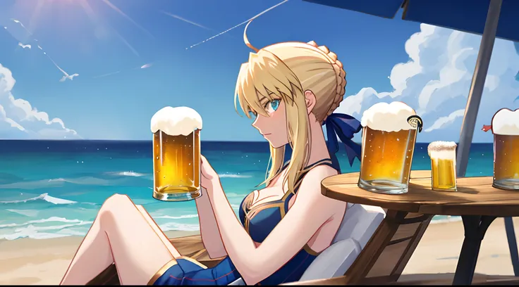 Artoria Pendragon from the anime Fate Stay Night having a beer on the beach with a shark in the background