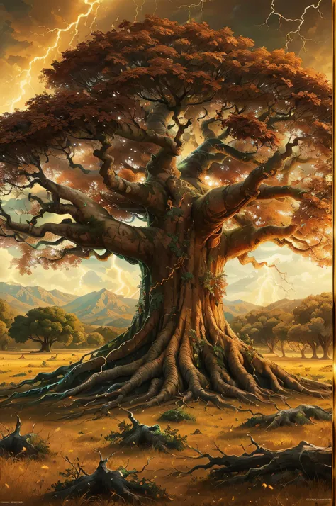 （tmasterpiece、melhor qualidade）A huge old tree in the middle of a vast field（（（The roots of the tree are covered with golden lightning）））、cercado por nuvem、Luz dourada e vermelha no ar，（illustratio：1.0）、Epic composition、Detalhe realista、high-definition det...