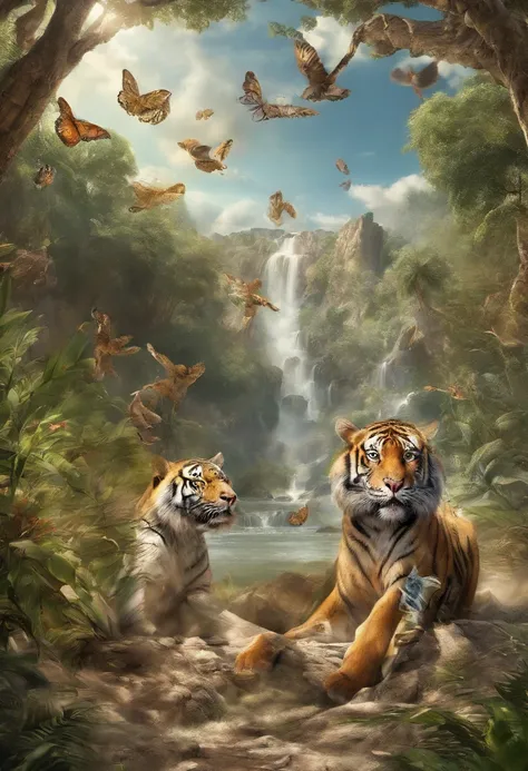 realistic heavenly landscape. tigers and animals with people in harmony and peace in a sunny day at the nature.