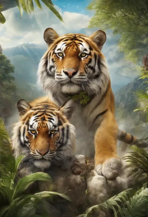 realistic heavenly landscape. tigers and animals with people in harmony and peace in a sunny day at the nature.