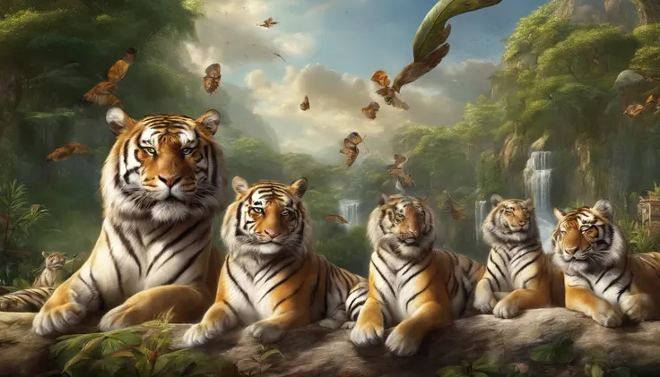 realistic heavenly landscape. tigers and animals with people in harmony and peace in a sunny day at the nature.