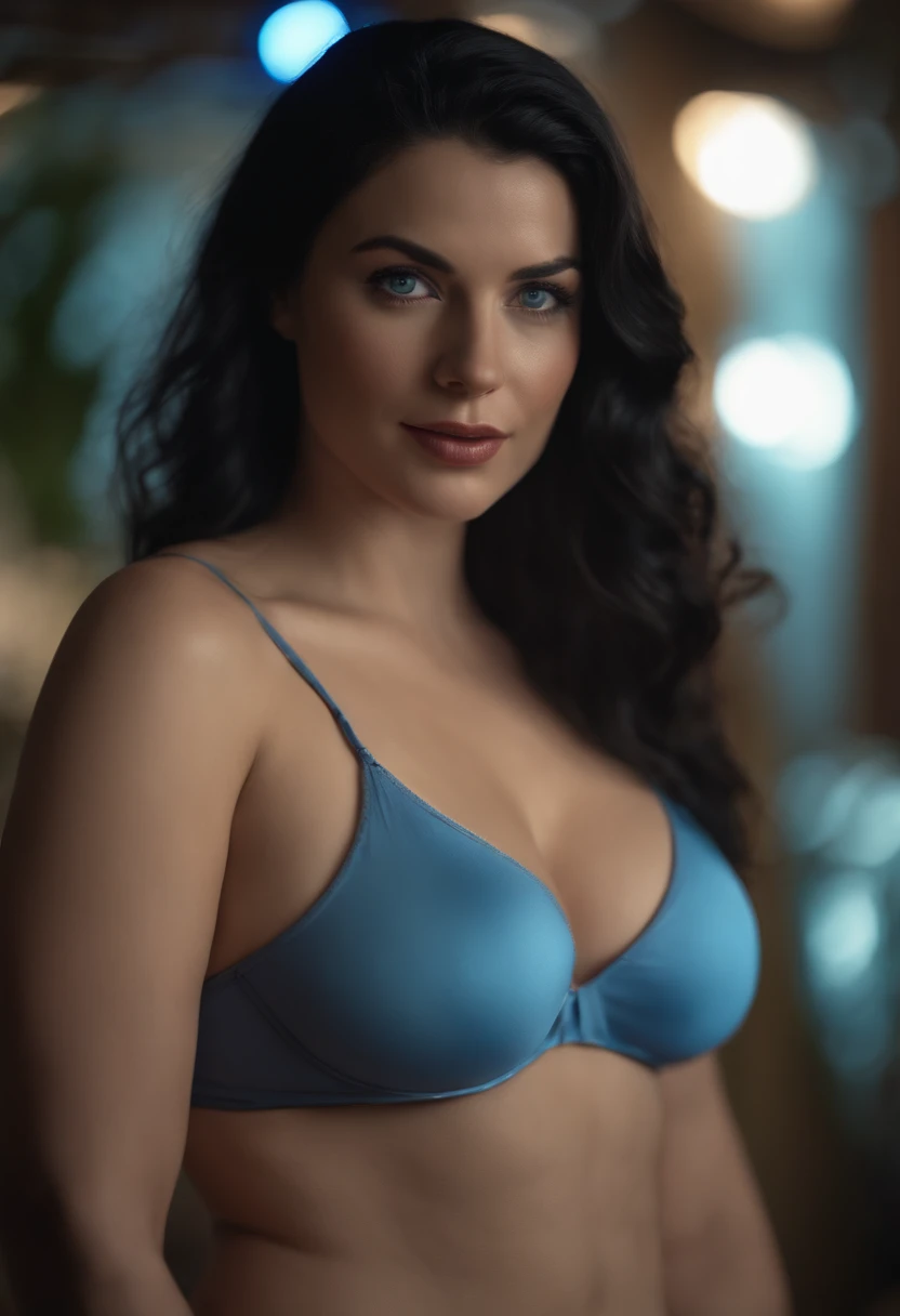 Pale skinned black haired woman with glowing blue eyes, wearing a skimpy bikini, cinematic lighting and background, 4K, UHD, hyper realistic imagery, lifelike features and detail, still shot from big budget film, soft but fit curves, wide hips, large chest...