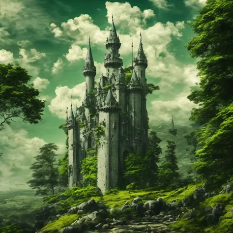 There is a castle with silver towers on a greenish background, That are on fire, Cercado por chamas de ouro cercado, The background of the scenery is green, que indicam o ardor, The Courage and Sacrifice of Family Warriors, War Family Coat of Arms, papel d...