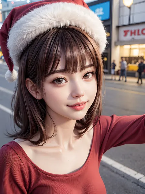 (masutepiece, top-quality、Very attractive adult beauty、Add intense highlights to the eyes、Look firmly at the camera、Beautiful woman full of adult charm),1girl in, 独奏, Light brown shiny hair, muffler,Santa Claus hat,realisitic, looking at the viewers, Brigh...