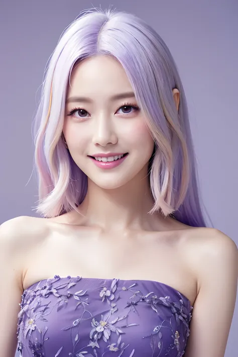 (extra detailed body、extra detailed face、best qualtiy:1.2)、femele、looking at the viewers、(Lavender and white gradient hair color、Purple and dark blue dress、a smile、Fancy makeup、accessorized）