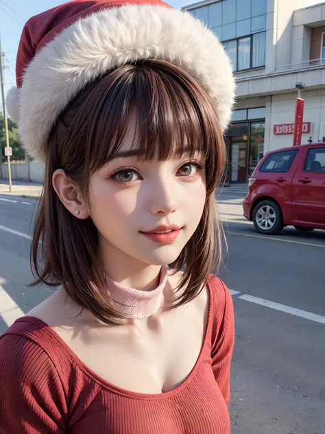 (masutepiece, top-quality、Very attractive adult beauty、Add intense highlights to the eyes、Look firmly at the camera、Beautiful woman full of adult charm),1girl in, 独奏, Light brown shiny hair, muffler,Santa Claus hat,realisitic, looking at the viewers, Brigh...