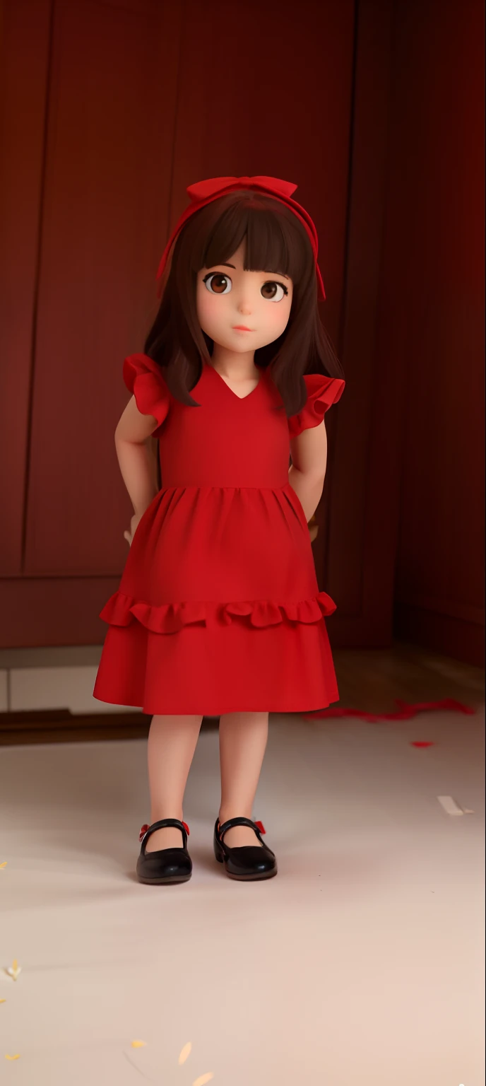 Arafed girl in a red dress and black shoes standing in a room, menina usa um vestido vermelho, usando um vestido vermelho, vestido vermelho, usando vestido vermelho, em um vestido vermelho, Pose completa, corpo inteiro - frente - tiro, katelynn mini estilo...