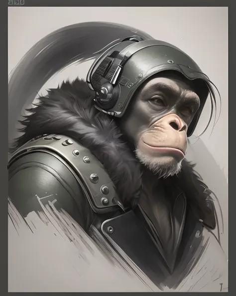 “Create a striking image of a ShadowNoir chimpanzee in military attire inspired by the CS:GO style. This ink drawing should be rendered in stunning 4k UHD resolution, guaranteeing the highest quality. Include intricate details, complex shading, and excepti...