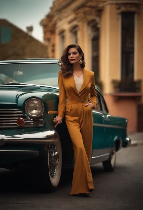 Vintage style, standing on a street ,near a vintage car ,1990’s hollywood style