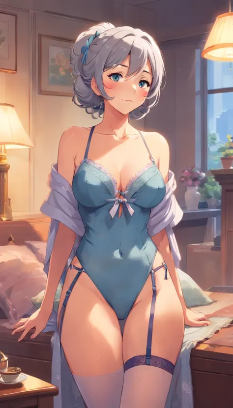 (Old lady:1.4), with gray long hair, strict face, house wife, aunt look, wearing lingerie with stockings and garter belts