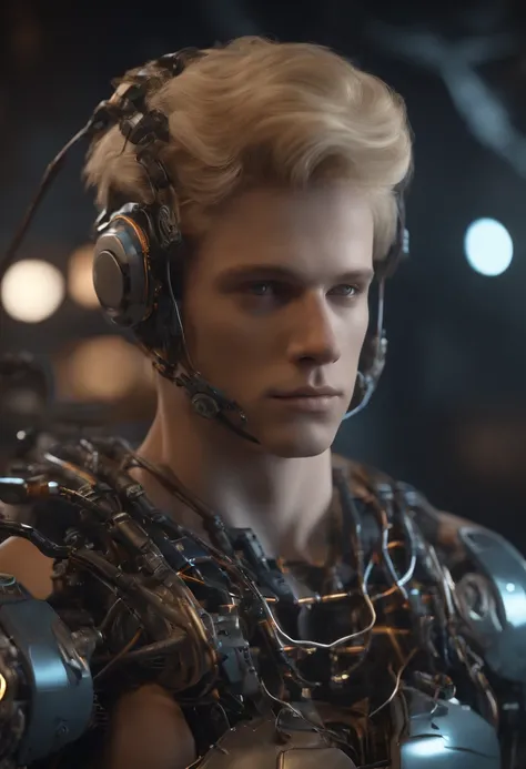 Robotic young blond man, 8k unreal engine render, wires and gears, photorealistic